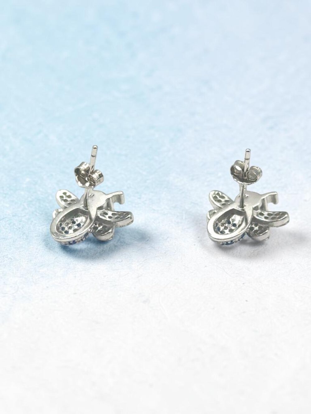 Blue and White CZ Bee Stud Earrings in 925 Sterling Silver - Picture 4 of 4
